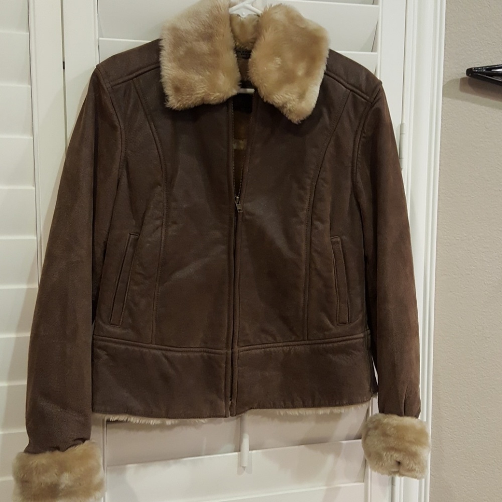 Suede coat with faux fur lining, collar, and cuffs